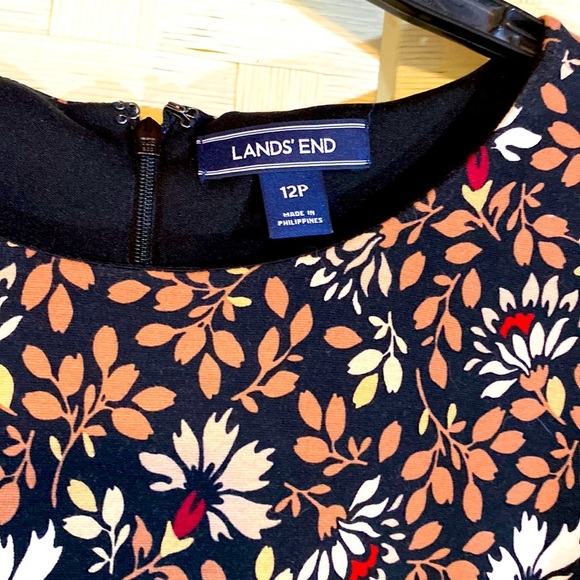 LANDS’ END Size 12P Stretchy Sheath Dress BROWN BLACK CREAM FLORAL EUC - Picture 4 of 13